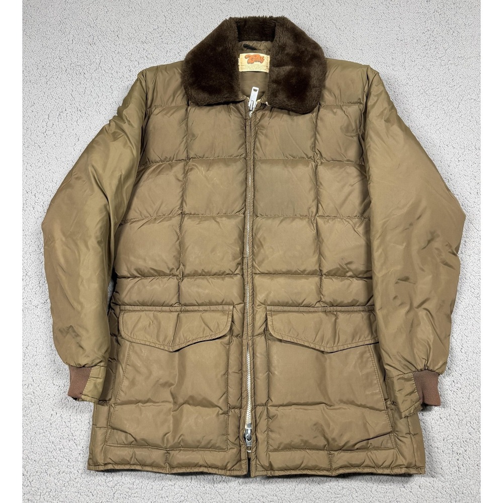Vintage Comfy Jacket Mens Large Goose 70s Brown Puffer Faux Fur Collar USA‎